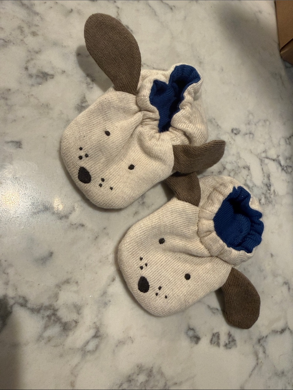 Meri Meri Cream Dog Face Booties with Blue Lining and Brown Ears